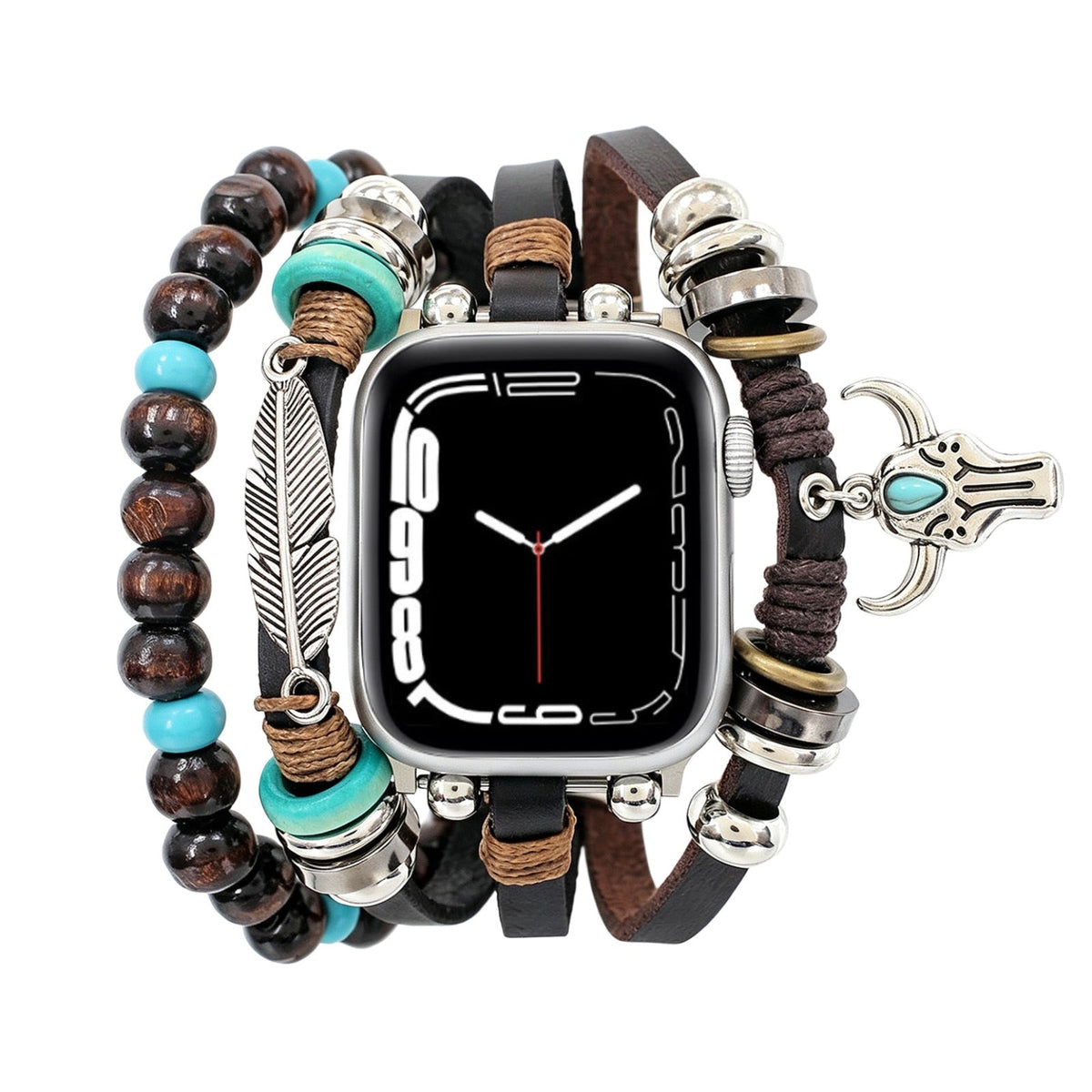 Bracelet pour Apple Watch, pendentifs plume et tête de buffle, plusieurs rangs, longueur ajustable, modèle Bufa