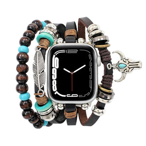 Bracelet pour Apple Watch, pendentifs plume et tête de buffle, plusieurs rangs, longueur ajustable, modèle Bufa