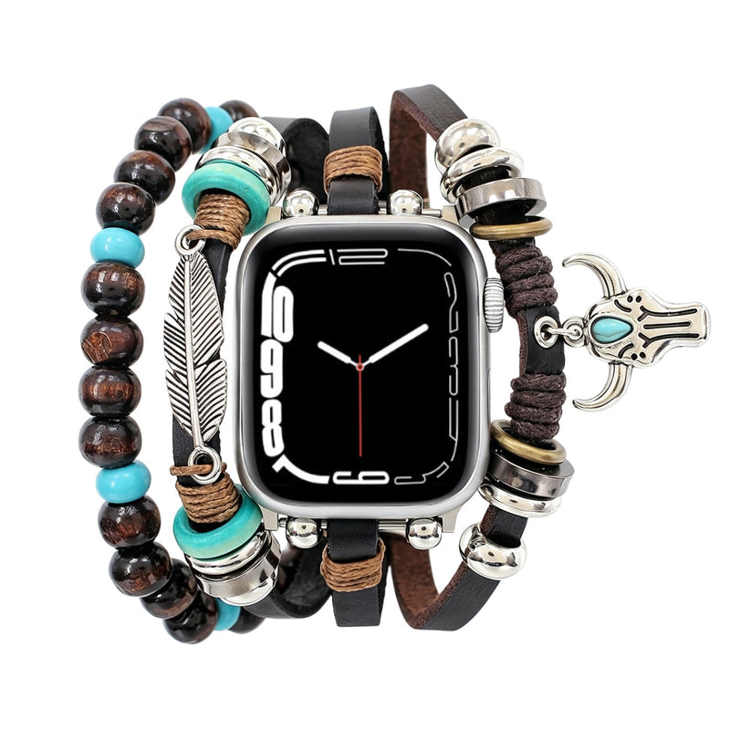 Bracelet pour Apple Watch, pendentifs plume et tête de buffle, plusieurs rangs, longueur ajustable, modèle Bufa