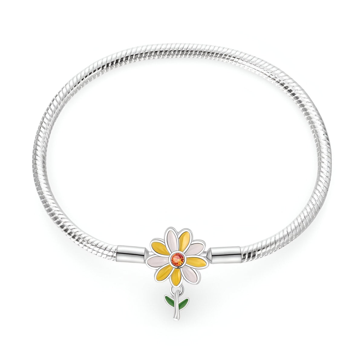 Bracelet serpent argent avec charm en forme de chrysanthème blanc et jaune, tige verte.