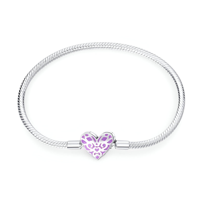 Bracelet serpent argent avec charm cœur lumineux violet ajouré pour femme.