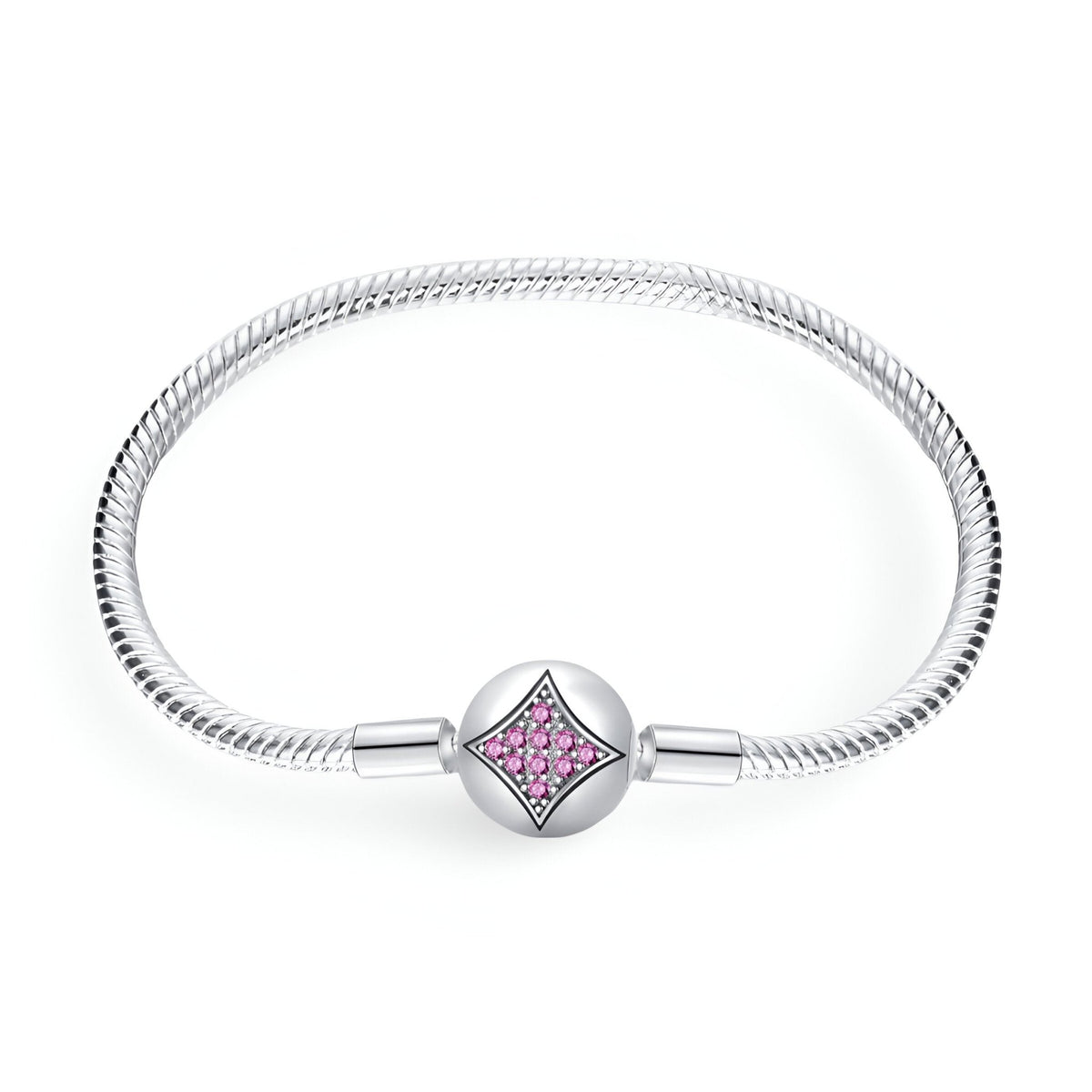 Bracelet argenté pour charm avec fermoir carré orné d'étoiles roses scintillantes.