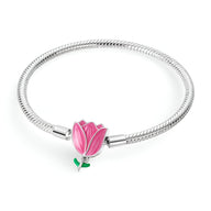 Bracelet en argent 17 cm avec charm tulipe rose détaillée et feuille verte.