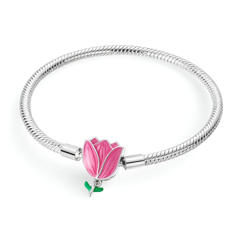 Bracelet en argent 17 cm avec charm tulipe rose détaillée et feuille verte.