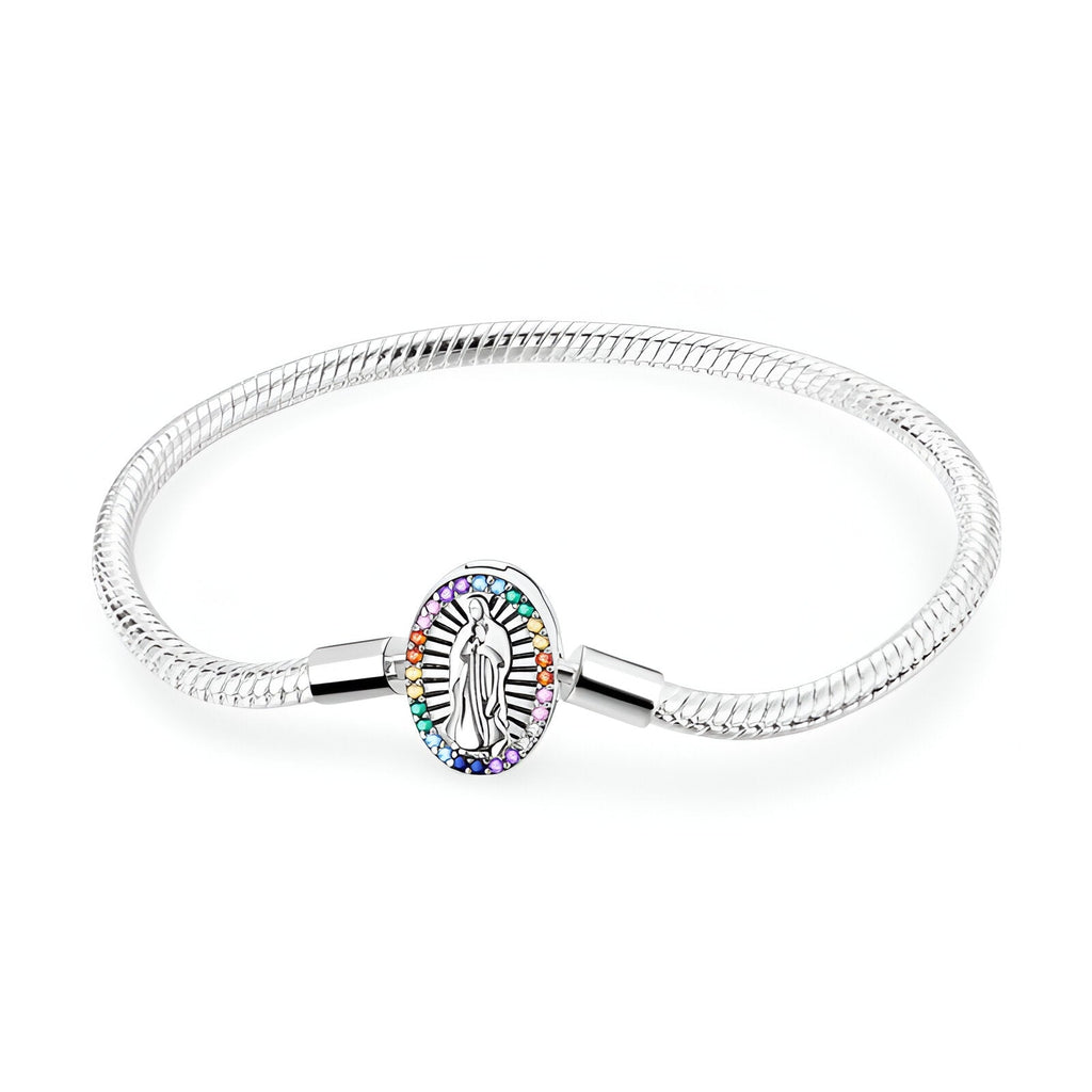 Bracelet en argent avec pendentif Vierge Marie orné de pierres multicolores, style serpent flexible.