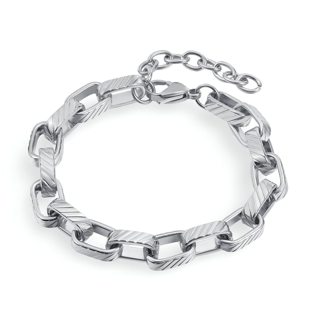 Bracelet pour femme en acier inoxydable argenté à maille XL texturée modèle Aria avec fermoir réglable.