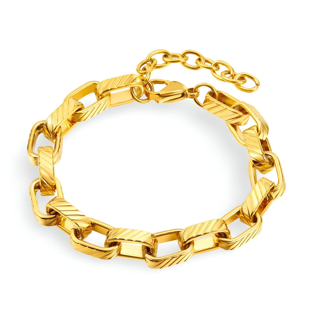 Bracelet femme maille XL doré en acier inoxydable avec finition brossée et chaîne réglable.