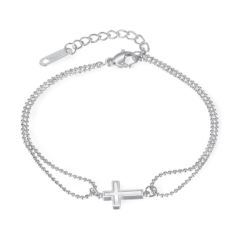 Bracelet double chaîne fine en acier inoxydable argent avec charm croix ajourée.