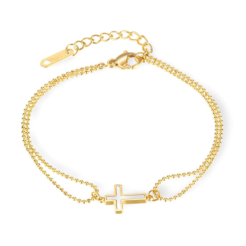 Bracelet double chaîne fine en acier inoxydable doré avec charm croix creuse au centre.