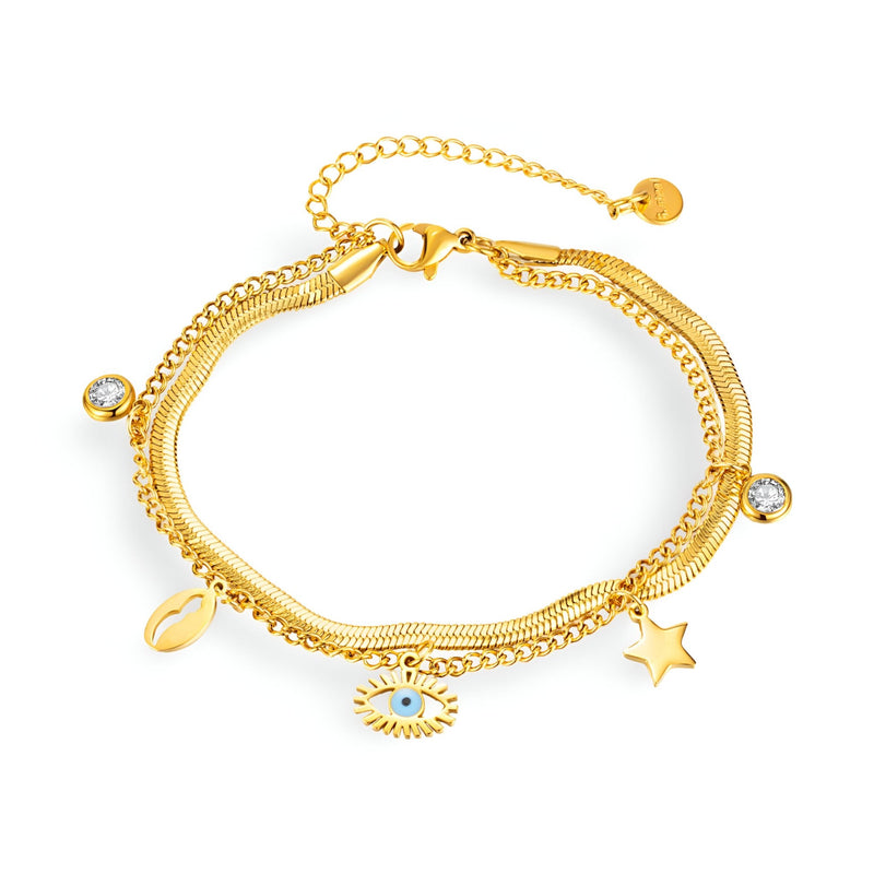 Bracelet femme en acier inoxydable doré avec charms oeil bleu et étoile, chaînes fines et breloques cristal.