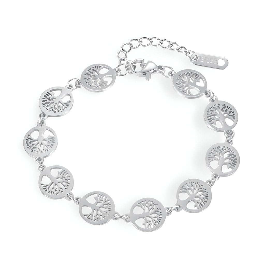 Bracelet femme en acier inoxydable argenté avec pendentifs multiples arbres de vie ronds.