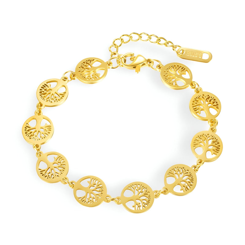 Bracelet femme en acier inoxydable doré avec plusieurs pendentifs arbres de vie ronds et chaîne ajustable.