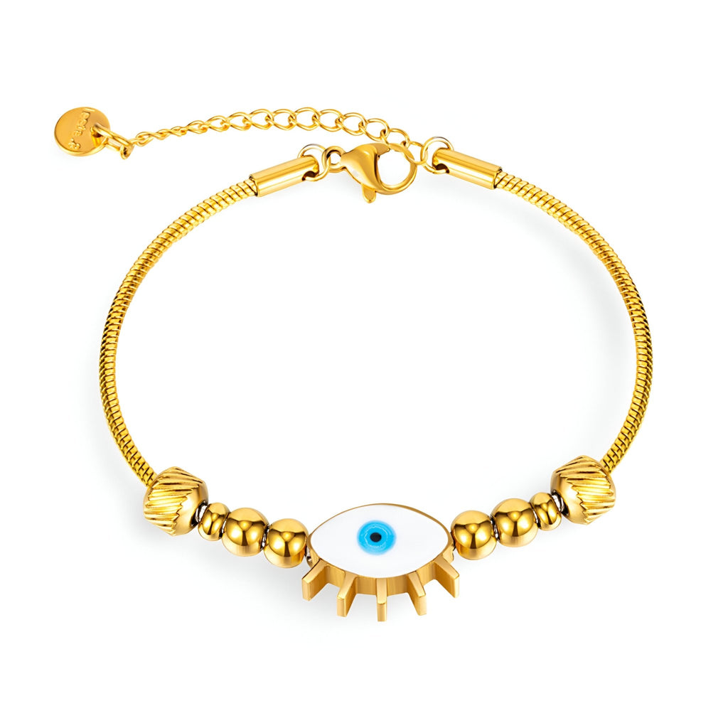 Bracelet femme en acier inoxydable doré avec pendentif œil bleu et petits anneaux décoratifs.