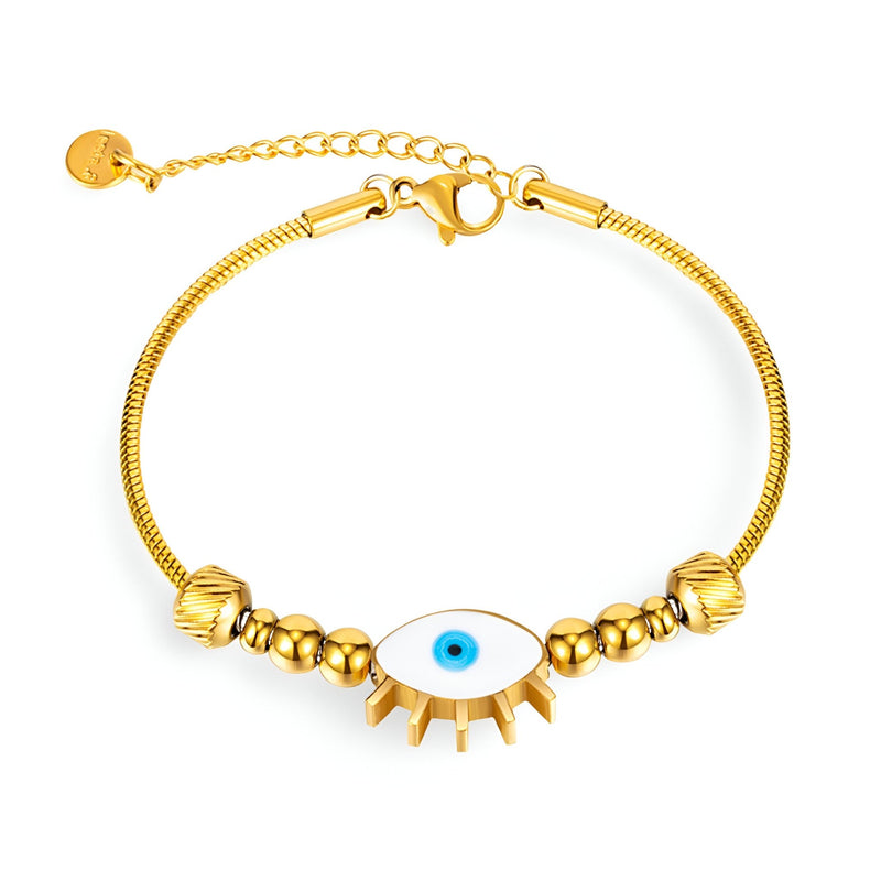 Bracelet femme en acier inoxydable doré avec pendentif œil bleu et petits anneaux décoratifs.