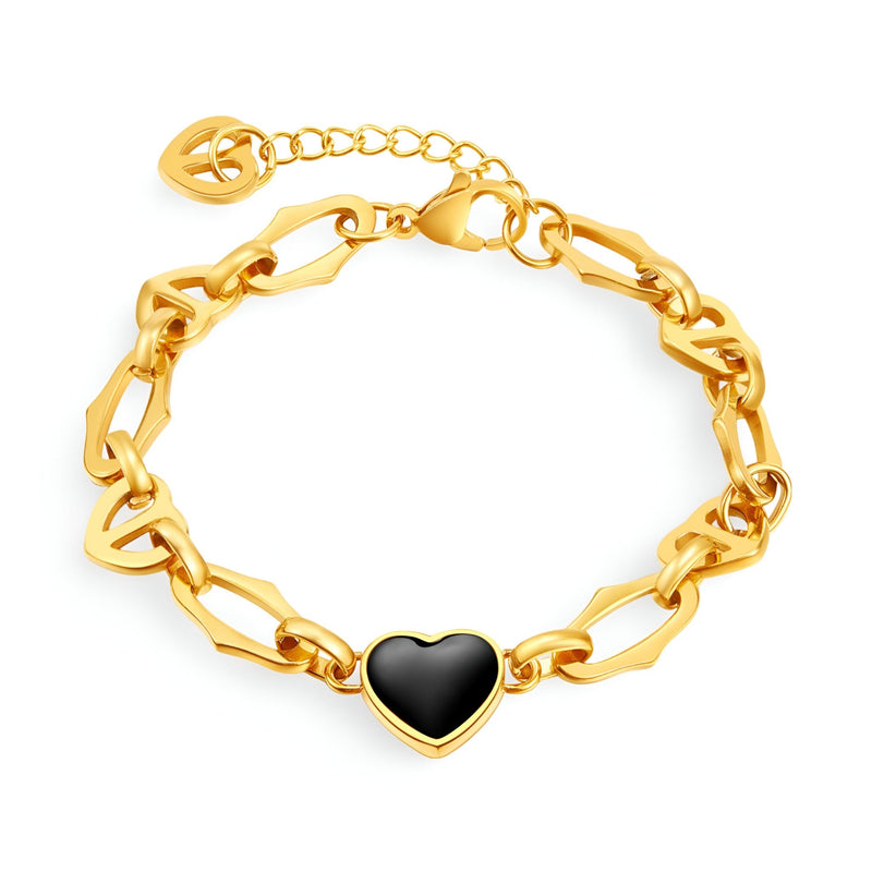 Bracelet femme en acier doré avec maillons larges et cœur noir brillant central.