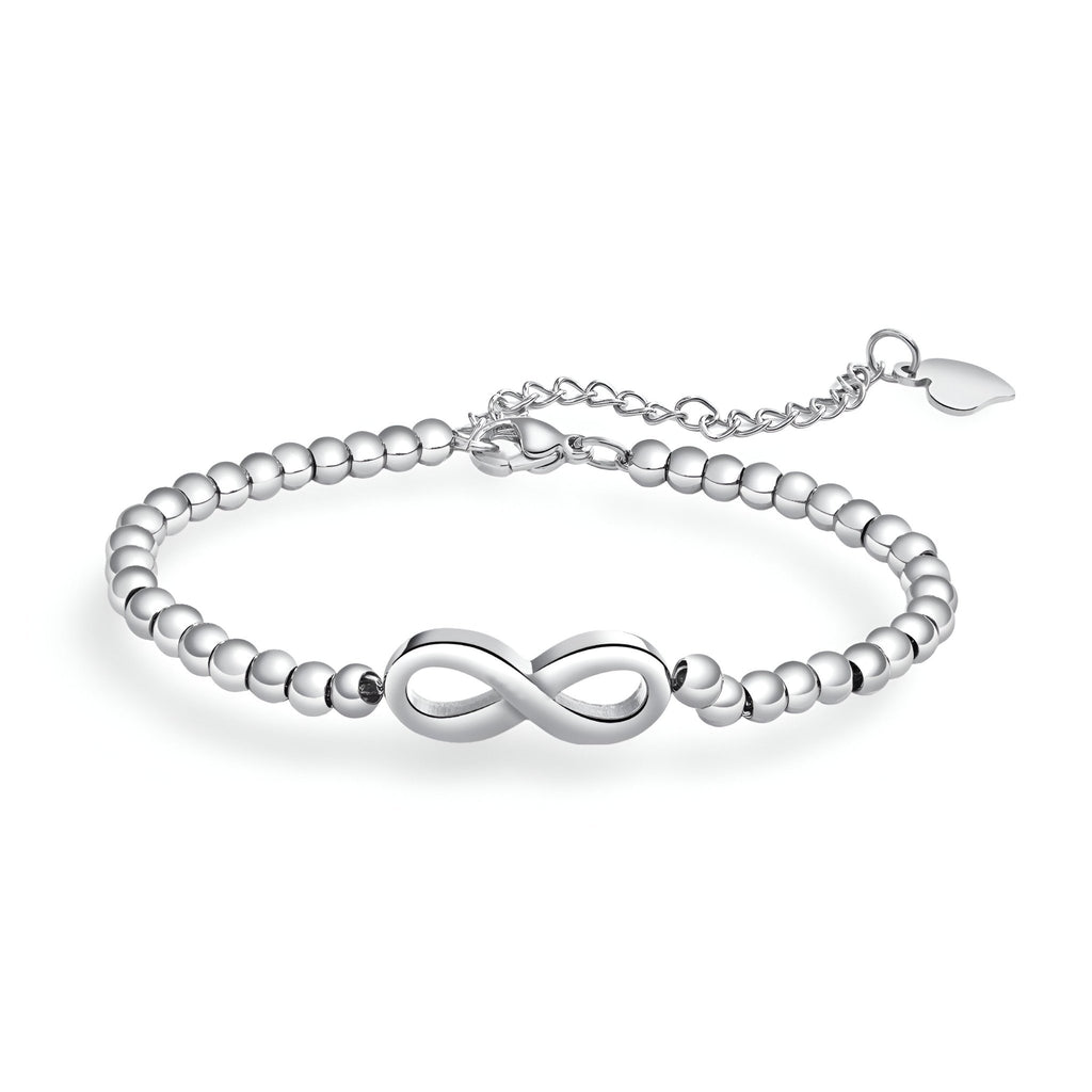 Bracelet femme en acier inoxydable argenté avec perles rondes et motif infini au centre.
