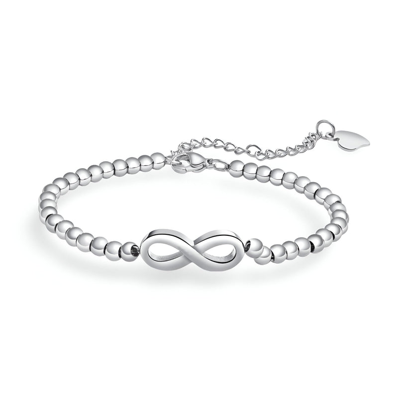 Bracelet femme en acier inoxydable argenté avec perles rondes et motif infini au centre.