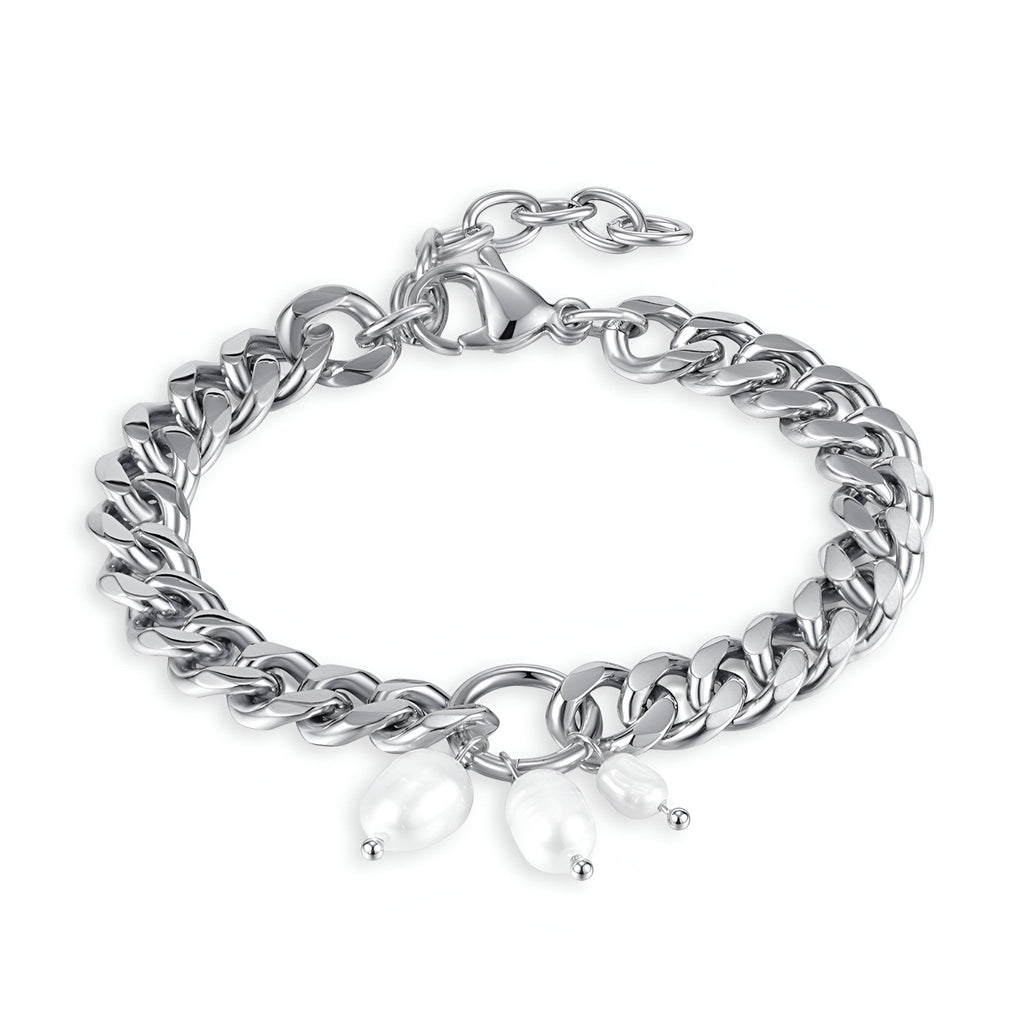 Bracelet femme argenté en acier inoxydable avec perles suspendues élégantes modèle Miranda.