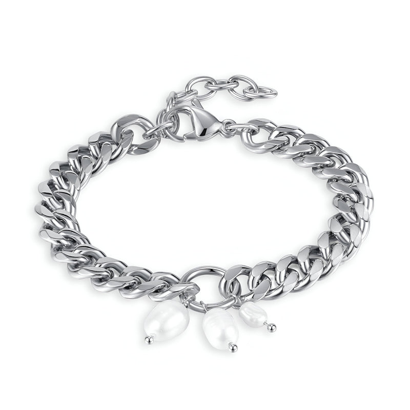 Bracelet femme argenté en acier inoxydable avec perles suspendues élégantes modèle Miranda.