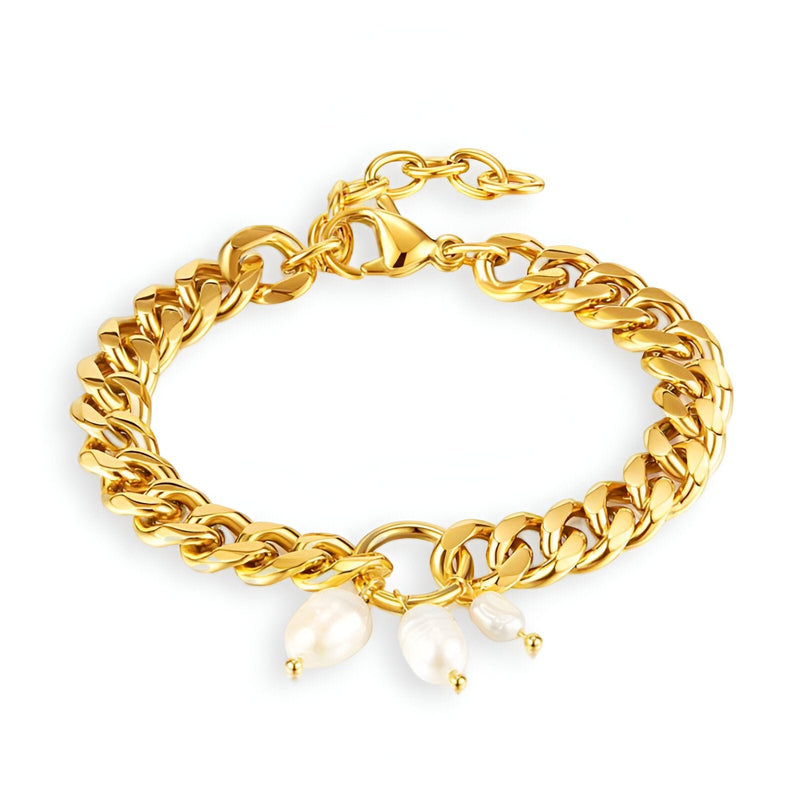 Bracelet femme en acier inoxydable doré avec chaîne épaisse et trois perles suspendues blanches.