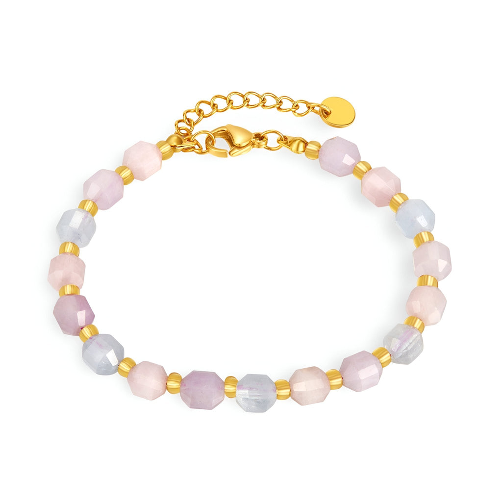 Bracelet femme en acier inoxydable or avec perles roses, violettes et blanches en pierres de morganite.