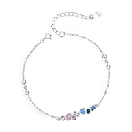 Bracelet femme en argent sterling avec pendentifs cœurs et zirconiums colorés variés.