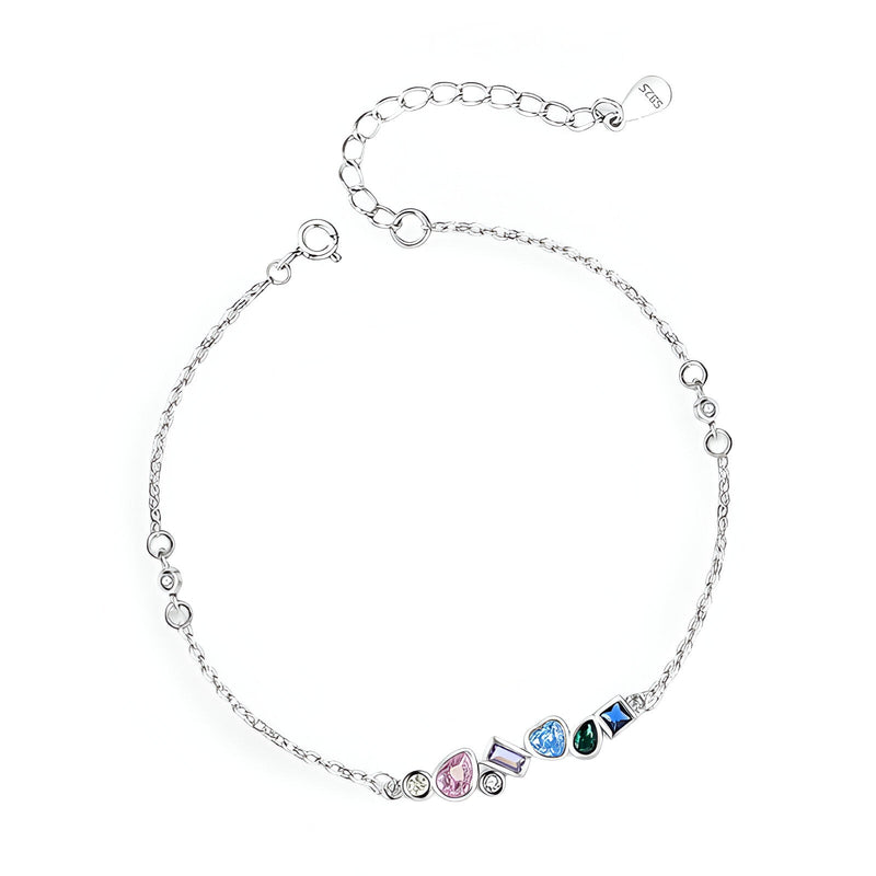 Bracelet femme en argent sterling avec pendentifs cœurs et zirconiums colorés variés.