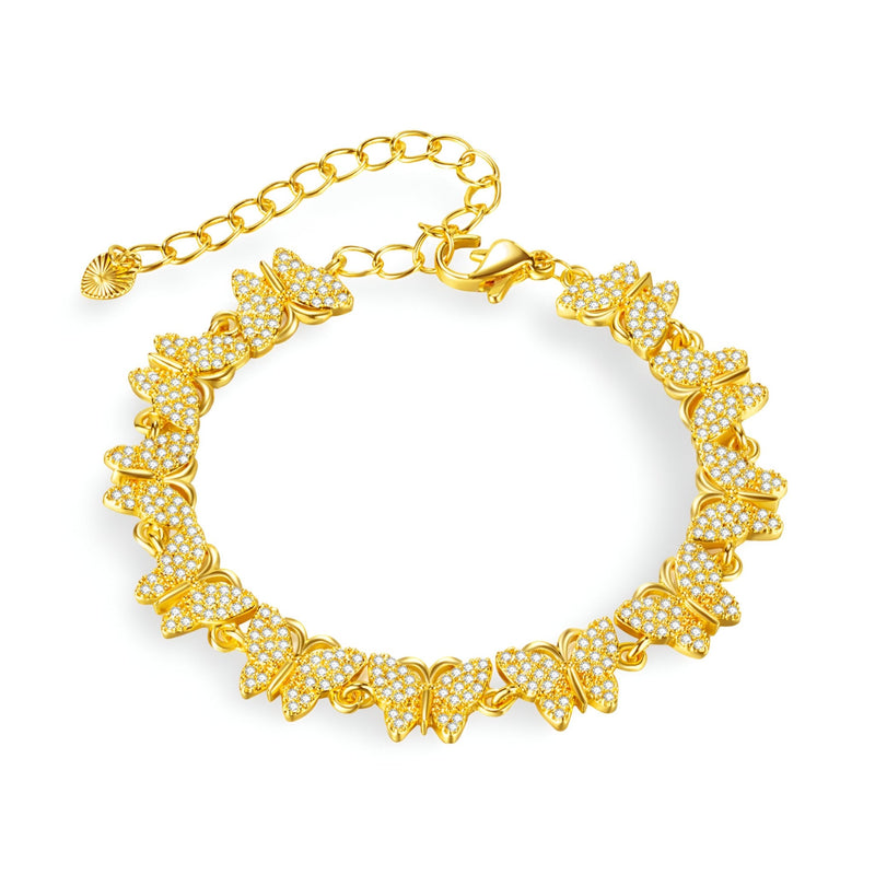 Bracelet en cuivre doré orné de multiples papillons sertis de zirconiums, modèle Alana.