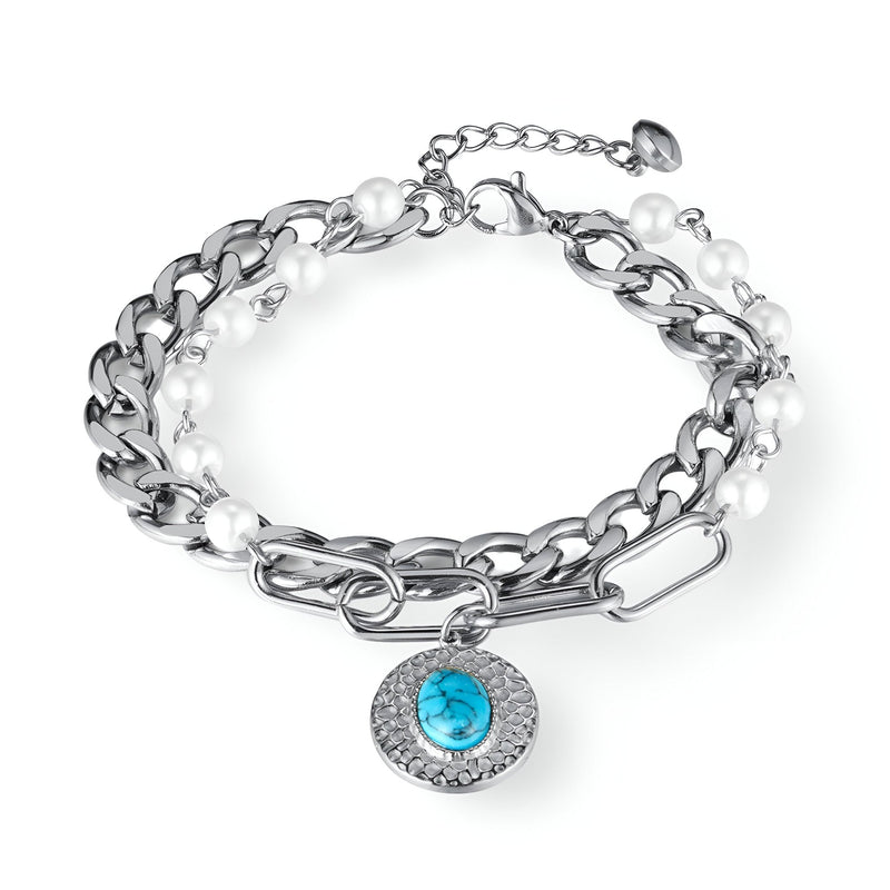 Bracelet multi-mailles en acier inoxydable argenté avec perles blanches et pierre turquoise ronde pendentif.