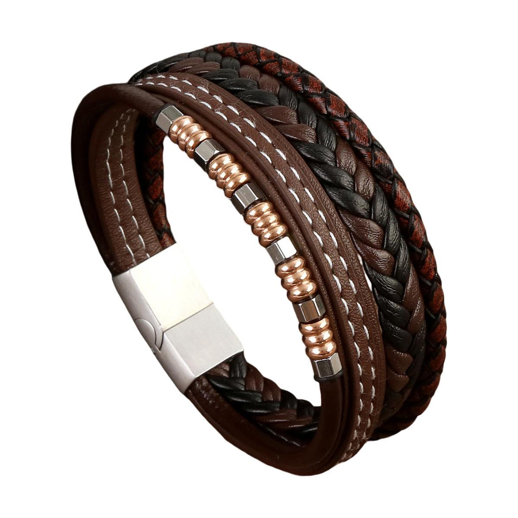 Bracciale da uomo in similpelle vegan, a più fili intrecciati, impreziosito da perle in acciaio inox, con una pratica chiusura magnetica, modello Yassine