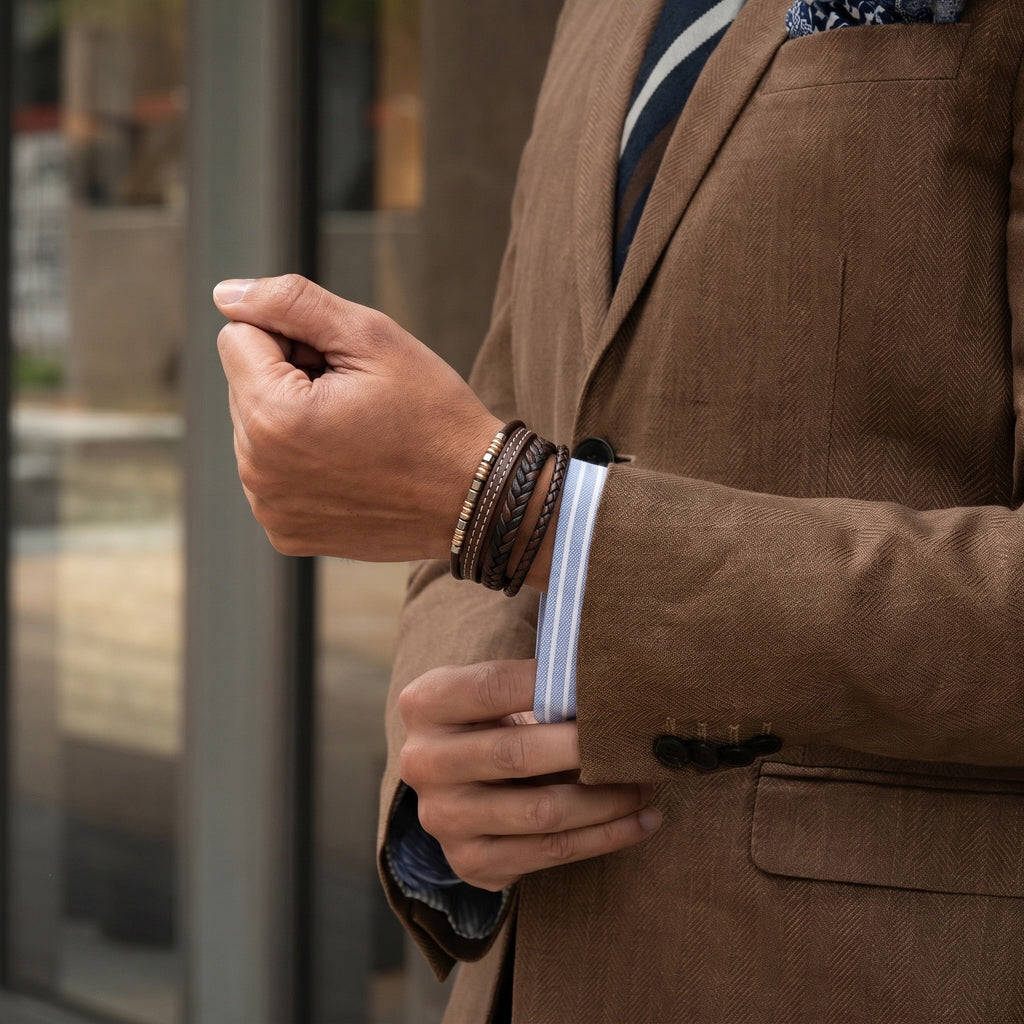 Bracciale da uomo in similpelle vegan, a più fili intrecciati, impreziosito da perle in acciaio inox, con una pratica chiusura magnetica, modello Yassine