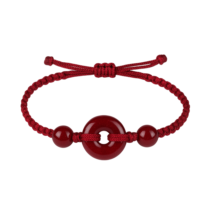 Bracelet en coton fil rouge avec disque et perles de cinabre rouge bordeaux, modèle Terya ajustable.