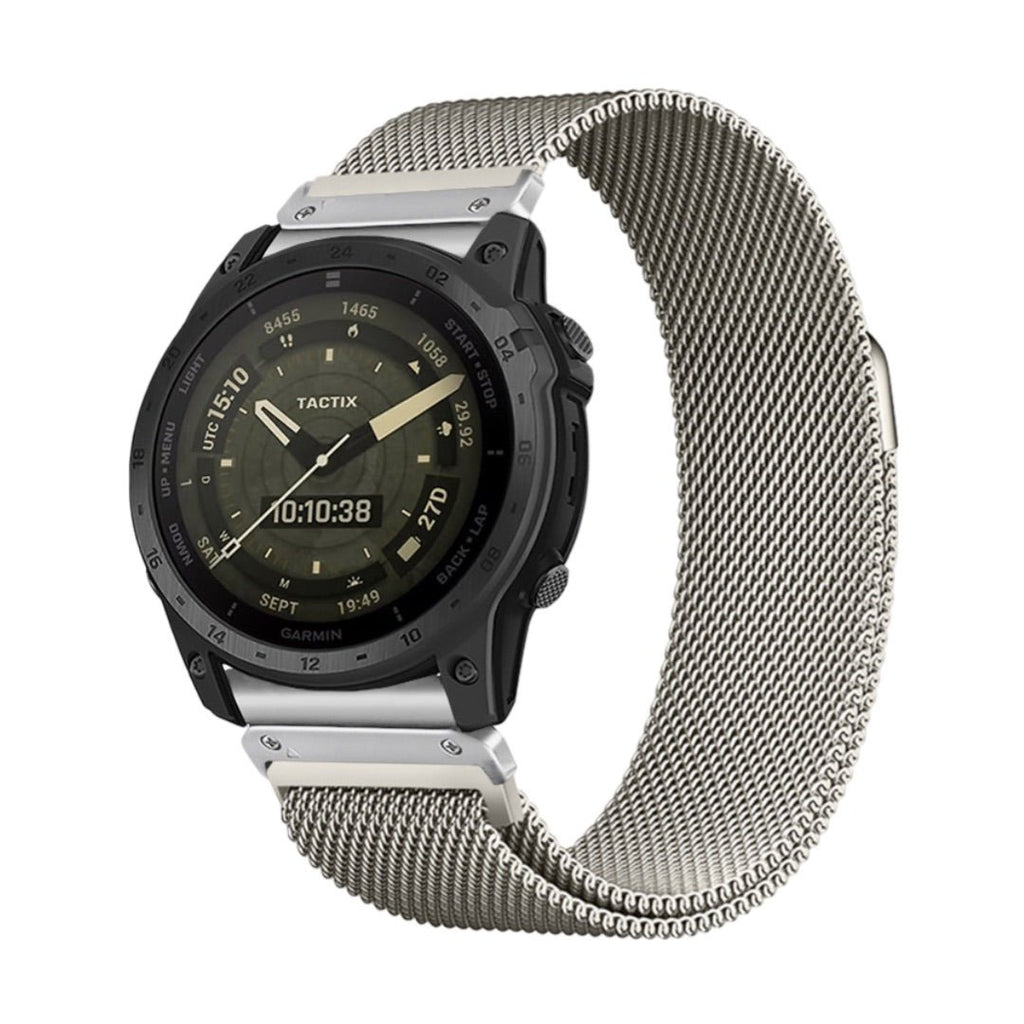 Bracelet milanais en acier inoxydable argenté compatible montres connectées Garmin, finition fine et élégante.
