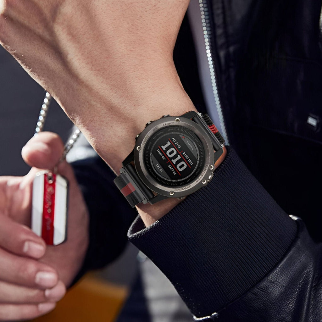 Bracelet montre connectée noir et rouge en maille milanaise acier inoxydable, style Jazzy.