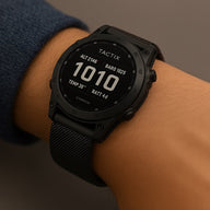 Bracelet milanais noir en acier inoxydable pour montre connectée Garmin Tactix, style élégant et moderne.