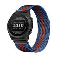Bracelet milanais bleu et orange en acier inoxydable pour montre connectée Garmin.