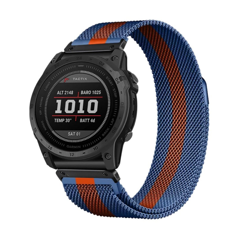 Bracelet milanais bleu et orange en acier inoxydable pour montre connectée Garmin.
