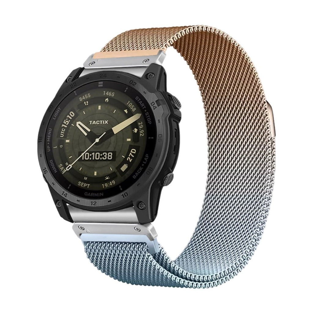 Bracelet milanais en acier inoxydable dégradé or rose vers argent pour montre connectée Garmin.
