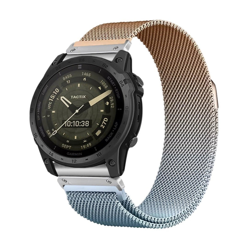 Bracelet milanais en acier inoxydable dégradé or rose vers argent pour montre connectée Garmin.
