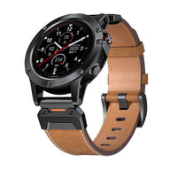Bracelet de montre connecté en cuir marron pleine fleur avec boucle noire robuste, compatible Garmin Larphin.