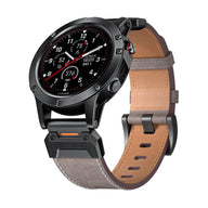 Bracelet montre connectée en cuir pleine fleur gris avec boucle noire, compatible Garmin Larphin, 26 mm.