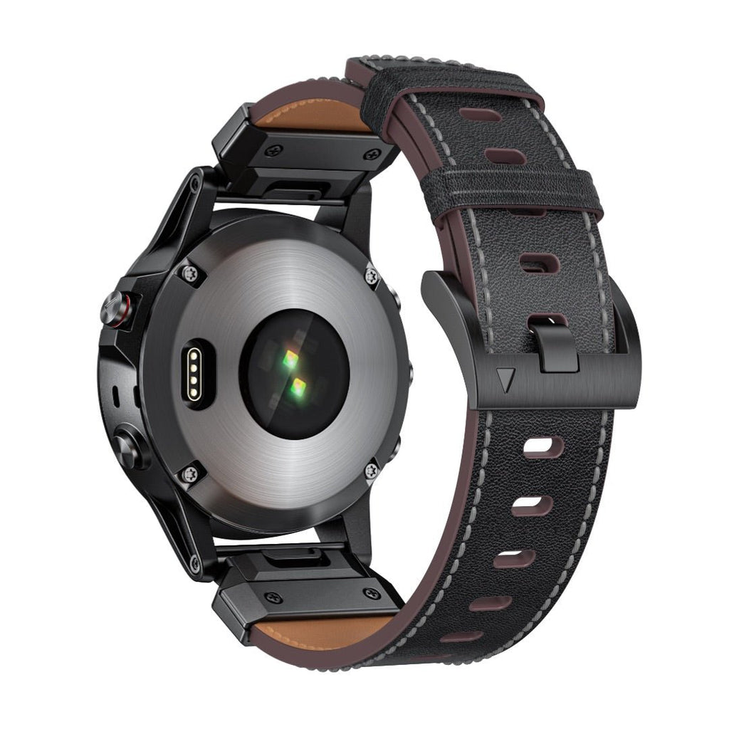 Bracelet en cuir pleine fleur noir avec coutures rouges, boucle noire pour montre connectée Garmin Larphin.