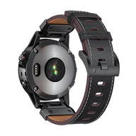 Bracelet en cuir pleine fleur noir avec coutures rouges, boucle noire pour montre connectée Garmin Larphin.