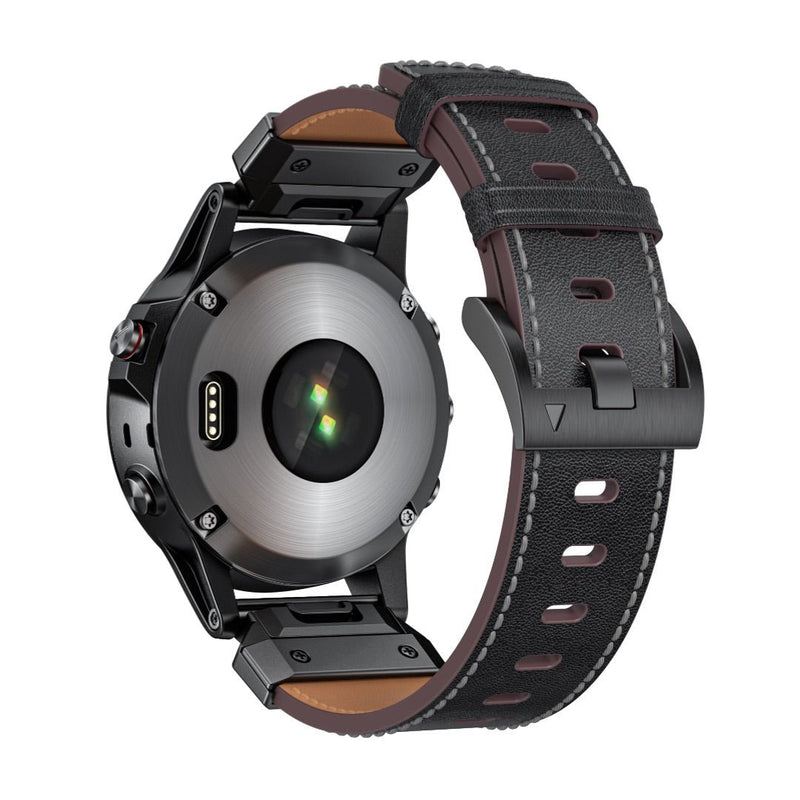 Bracelet en cuir pleine fleur noir avec coutures rouges, boucle noire pour montre connectée Garmin Larphin.