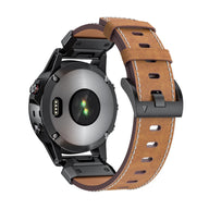 Bracelet en cuir pleine fleur marron clair, couture blanche, boucle noire mate, compatible montre Garmin Larphin.