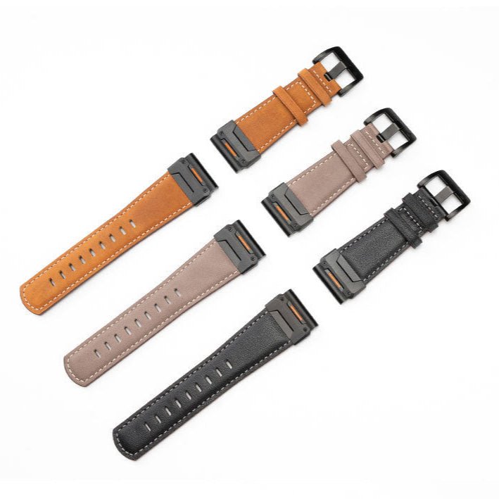 Lot de bracelets pour montre connectée en cuir pleine fleur, couleurs marron clair, gris et noir avec boucle noire.