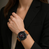 Montre connectée Garmin avec bracelet en cuir pleine fleur marron, style moderne et élégant.