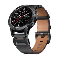 Bracelet cuir pleine fleur noir avec boucle noire pour montre connectée Garmin, 22 mm.