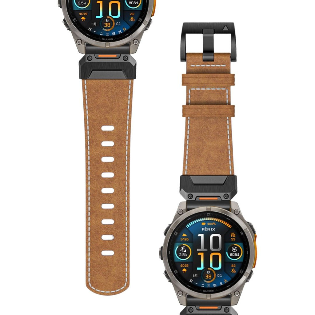 Bracelet de montre Garmin Larphin en cuir pleine fleur marron avec surpiqûres blanches, boucle noire.