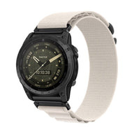 Bracelet pour montre connectée Garmin en nylon beige résistant avec attache rapide noir mat.